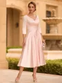 Refined A-line V-Neck 3/4 Sleeves Pleated Tea-Length Satin Corset Mother of the Bride Dress