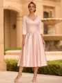 Refined A-line V-Neck 3/4 Sleeves Pleated Tea-Length Satin Corset Mother of the Bride Dress