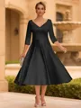 Refined A-line V-Neck 3/4 Sleeves Pleated Tea-Length Satin Corset Mother of the Bride Dress
