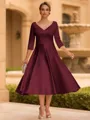 Refined A-line V-Neck 3/4 Sleeves Pleated Tea-Length Satin Corset Mother of the Bride Dress