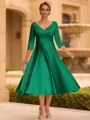 Refined A-line V-Neck 3/4 Sleeves Pleated Tea-Length Satin Corset Mother of the Bride Dress