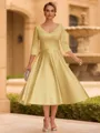 Refined A-line V-Neck 3/4 Sleeves Pleated Tea-Length Satin Corset Mother of the Bride Dress