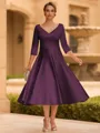 Refined A-line V-Neck 3/4 Sleeves Pleated Tea-Length Satin Corset Mother of the Bride Dress