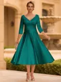 Refined A-line V-Neck 3/4 Sleeves Pleated Tea-Length Satin Corset Mother of the Bride Dress
