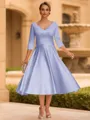 Refined A-line V-Neck 3/4 Sleeves Pleated Tea-Length Satin Corset Mother of the Bride Dress