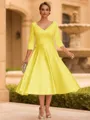 Refined A-line V-Neck 3/4 Sleeves Pleated Tea-Length Satin Corset Mother of the Bride Dress