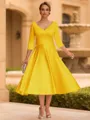 Refined A-line V-Neck 3/4 Sleeves Pleated Tea-Length Satin Corset Mother of the Bride Dress