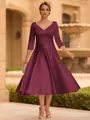 Refined A-line V-Neck 3/4 Sleeves Pleated Tea-Length Satin Corset Mother of the Bride Dress