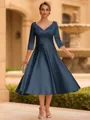 Refined A-line V-Neck 3/4 Sleeves Pleated Tea-Length Satin Corset Mother of the Bride Dress