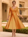 Refined A-line V-Neck 3/4 Sleeves Pleated Tea-Length Satin Corset Mother of the Bride Dress