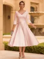 Refined A-line V-Neck 3/4 Sleeves Pleated Tea-Length Satin Corset Mother of the Bride Dress