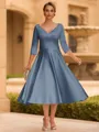 Refined A-line V-Neck 3/4 Sleeves Pleated Tea-Length Satin Corset Mother of the Bride Dress