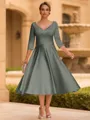 Refined A-line V-Neck 3/4 Sleeves Pleated Tea-Length Satin Corset Mother of the Bride Dress