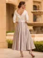 Chic A-line Scoop 3/4 Sleeves Beading Tea-Length Charmeuse Corset Mother of the Bride Dress