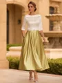 Chic A-line Scoop 3/4 Sleeves Beading Tea-Length Charmeuse Corset Mother of the Bride Dress
