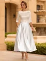 Chic A-line Scoop 3/4 Sleeves Beading Tea-Length Charmeuse Corset Mother of the Bride Dress