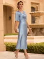 Flattering Sheath V-Neck Short Sleeves Pleated Tea-Length Silk Like Satin Mother of the Bride Dress