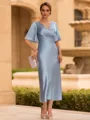 Flattering Sheath V-Neck Short Sleeves Pleated Tea-Length Silk Like Satin Mother of the Bride Dress