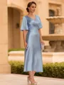 Flattering Sheath V-Neck Short Sleeves Pleated Tea-Length Silk Like Satin Mother of the Bride Dress