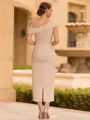 Timeless Sheath Scoop Short Sleeves Pleated Tea-Length Mother of the Bride Dress