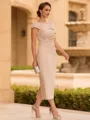 Timeless Sheath Scoop Short Sleeves Pleated Tea-Length Mother of the Bride Dress