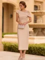Timeless Sheath Scoop Short Sleeves Pleated Tea-Length Mother of the Bride Dress