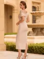 Timeless Sheath Scoop Short Sleeves Pleated Tea-Length Mother of the Bride Dress