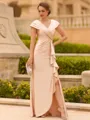Resplendent Sheath V-Neck Short Sleeves Pleated Floor-Length Mother of the Bride Dress