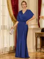 Statuesque Sheath V-Neck Short Sleeves Pleated Floor-Length Jersey Mother of the Bride Dress