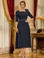 Gorgeous Sheath Square 1/2 Sleeves Beading Tea-Length Stretch Crepe Mother of the Bride Dress