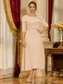 Gorgeous Sheath Square 1/2 Sleeves Beading Tea-Length Stretch Crepe Mother of the Bride Dress