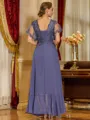 Unique A-line V-Neck Short Sleeves Appliques Lace Asymmetrical Chiffon Corset Mother of the Bride Dress