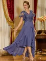 Unique A-line V-Neck Short Sleeves Appliques Lace Asymmetrical Chiffon Corset Mother of the Bride Dress