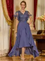 Unique A-line V-Neck Short Sleeves Appliques Lace Asymmetrical Chiffon Corset Mother of the Bride Dress