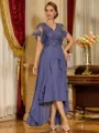 Unique A-line V-Neck Short Sleeves Appliques Lace Asymmetrical Chiffon Corset Mother of the Bride Dress