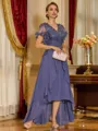 Unique A-line V-Neck Short Sleeves Appliques Lace Asymmetrical Chiffon Corset Mother of the Bride Dress