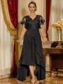 Unique A-line V-Neck Short Sleeves Appliques Lace Asymmetrical Chiffon Corset Mother of the Bride Dress