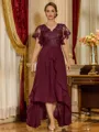 Unique A-line V-Neck Short Sleeves Appliques Lace Asymmetrical Chiffon Corset Mother of the Bride Dress