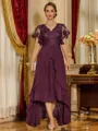 Unique A-line V-Neck Short Sleeves Appliques Lace Asymmetrical Chiffon Corset Mother of the Bride Dress