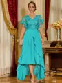 Unique A-line V-Neck Short Sleeves Appliques Lace Asymmetrical Chiffon Corset Mother of the Bride Dress