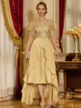 Unique A-line V-Neck Short Sleeves Appliques Lace Asymmetrical Chiffon Corset Mother of the Bride Dress