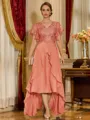 Unique A-line V-Neck Short Sleeves Appliques Lace Asymmetrical Chiffon Corset Mother of the Bride Dress