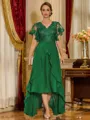 Unique A-line V-Neck Short Sleeves Appliques Lace Asymmetrical Chiffon Corset Mother of the Bride Dress