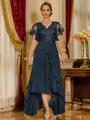 Unique A-line V-Neck Short Sleeves Appliques Lace Asymmetrical Chiffon Corset Mother of the Bride Dress