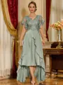 Unique A-line V-Neck Short Sleeves Appliques Lace Asymmetrical Chiffon Corset Mother of the Bride Dress