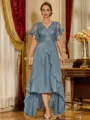 Unique A-line V-Neck Short Sleeves Appliques Lace Asymmetrical Chiffon Corset Mother of the Bride Dress
