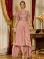 Unique A-line V-Neck Short Sleeves Appliques Lace Asymmetrical Chiffon Corset Mother of the Bride Dress