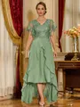 Unique A-line V-Neck Short Sleeves Appliques Lace Asymmetrical Chiffon Corset Mother of the Bride Dress
