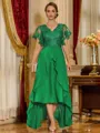 Unique A-line V-Neck Short Sleeves Appliques Lace Asymmetrical Chiffon Corset Mother of the Bride Dress