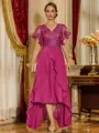 Unique A-line V-Neck Short Sleeves Appliques Lace Asymmetrical Chiffon Corset Mother of the Bride Dress